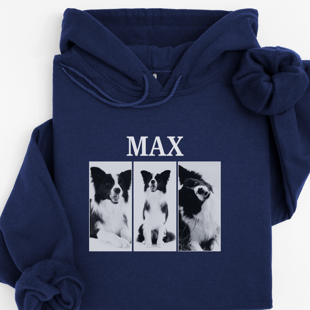 Personalised Vintage Dog Photo Hoodie – Custom Name (3 Photo Design)