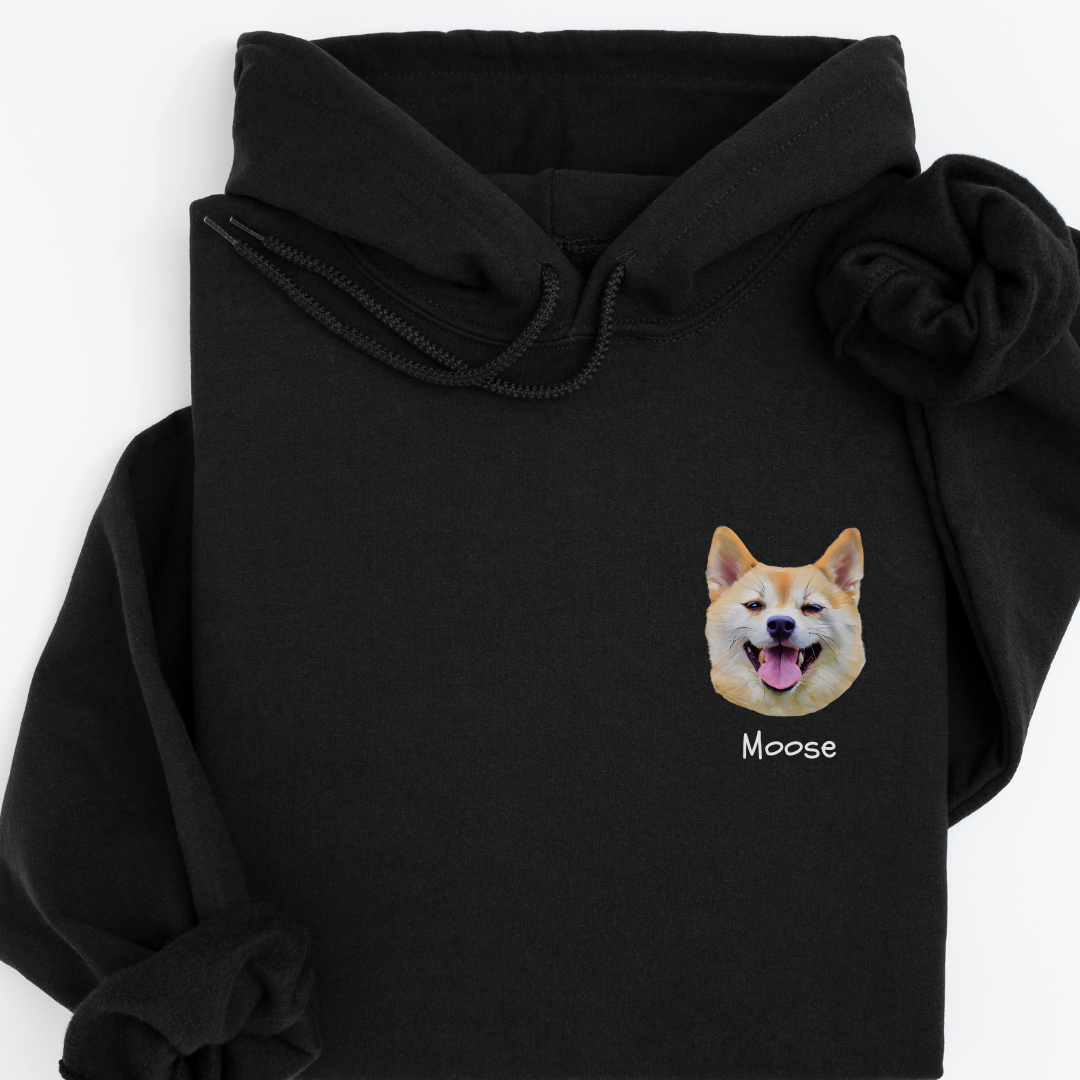 Personalised Watercolour Dog Face Hoodie – Custom Name Printed in Pocket
