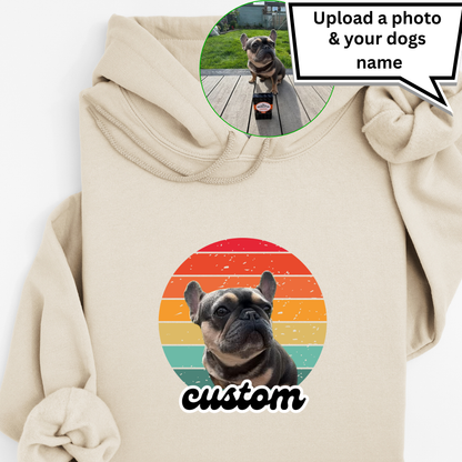 Personalised Retro Sunset Dog Photo Hoodie – Custom Name & Photo