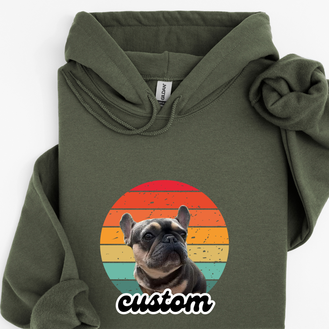 Personalised Retro Sunset Dog Photo Hoodie – Custom Name & Photo