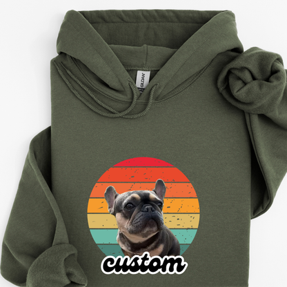 Personalised Retro Sunset Dog Photo Hoodie – Custom Name & Photo