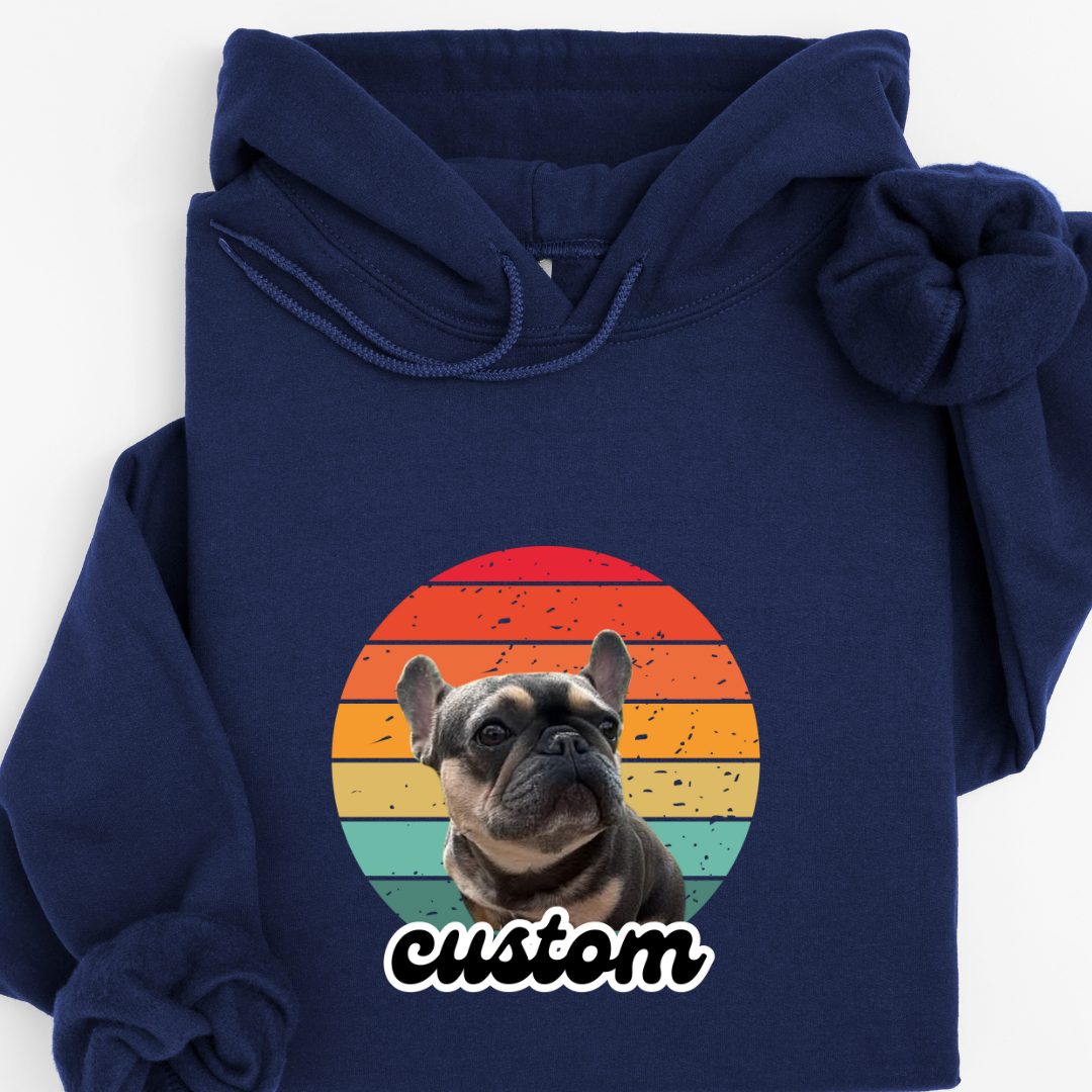 Personalised Retro Sunset Dog Photo Hoodie – Custom Name & Photo