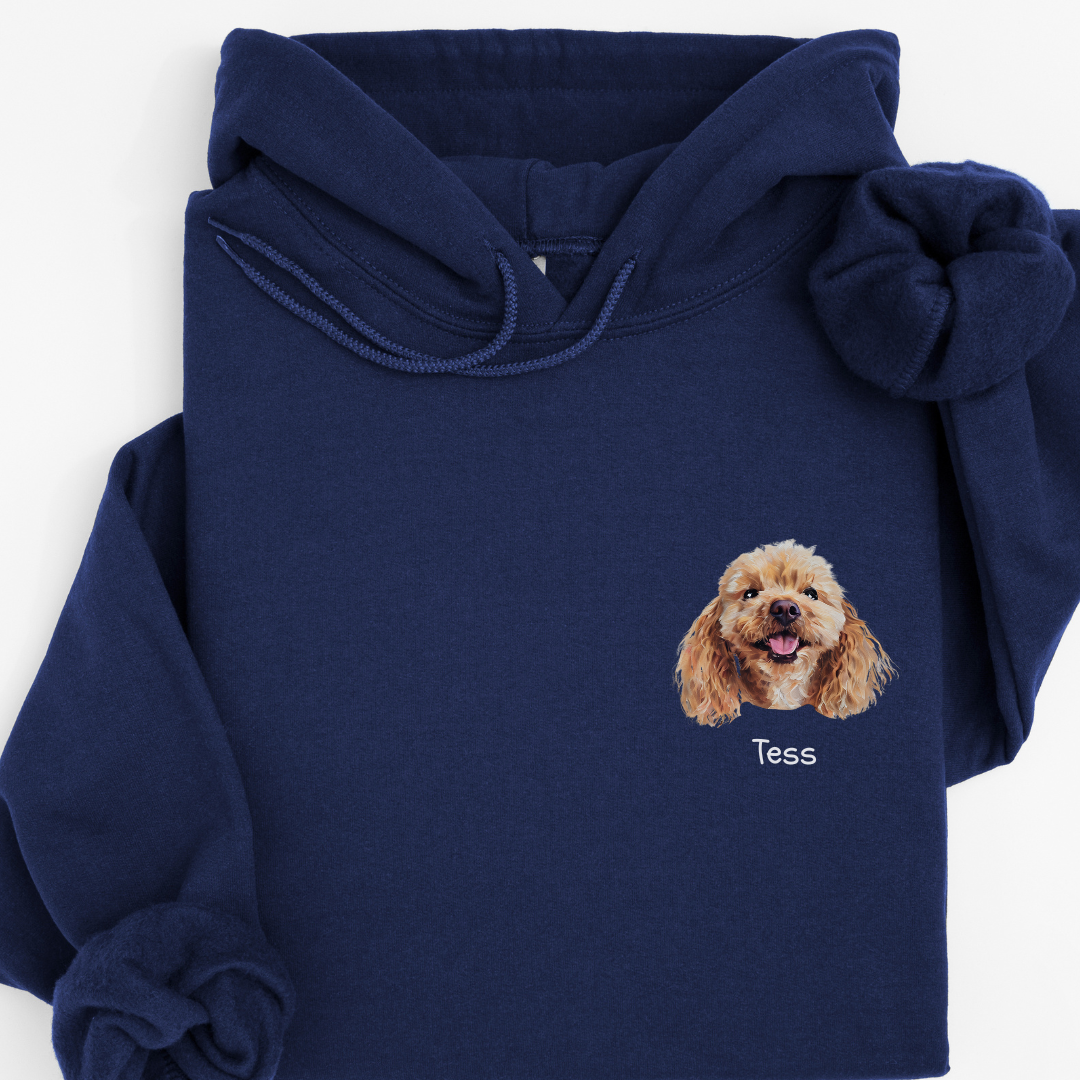 Personalised Watercolour Dog Face Hoodie – Custom Name Printed in Pocket