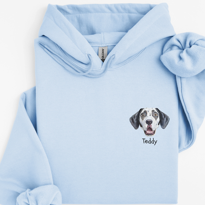 Personalised Watercolour Dog Face Hoodie – Custom Name Printed in Pocket