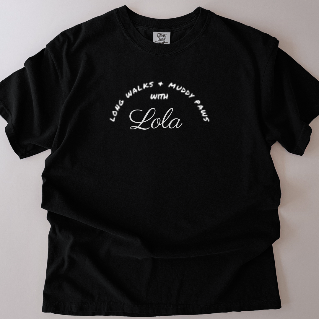 personalised long walks and muddy paws with (your dogs name) t-shirt