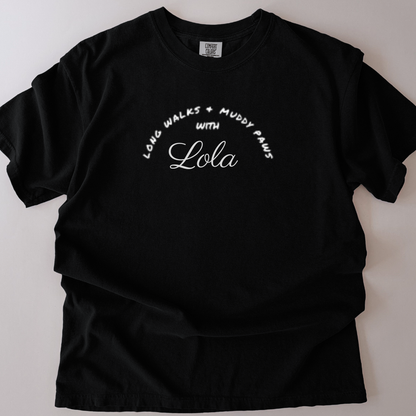 personalised long walks and muddy paws with (your dogs name) t-shirt