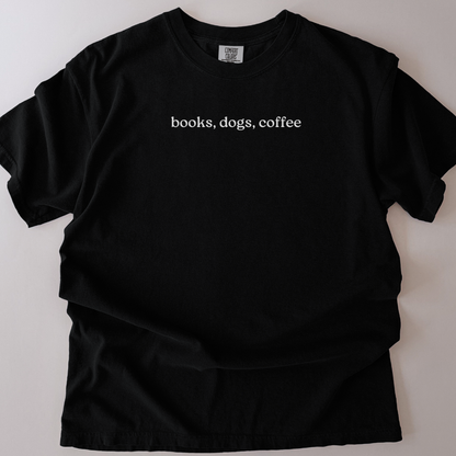 books. dogs, coffee t-shirt