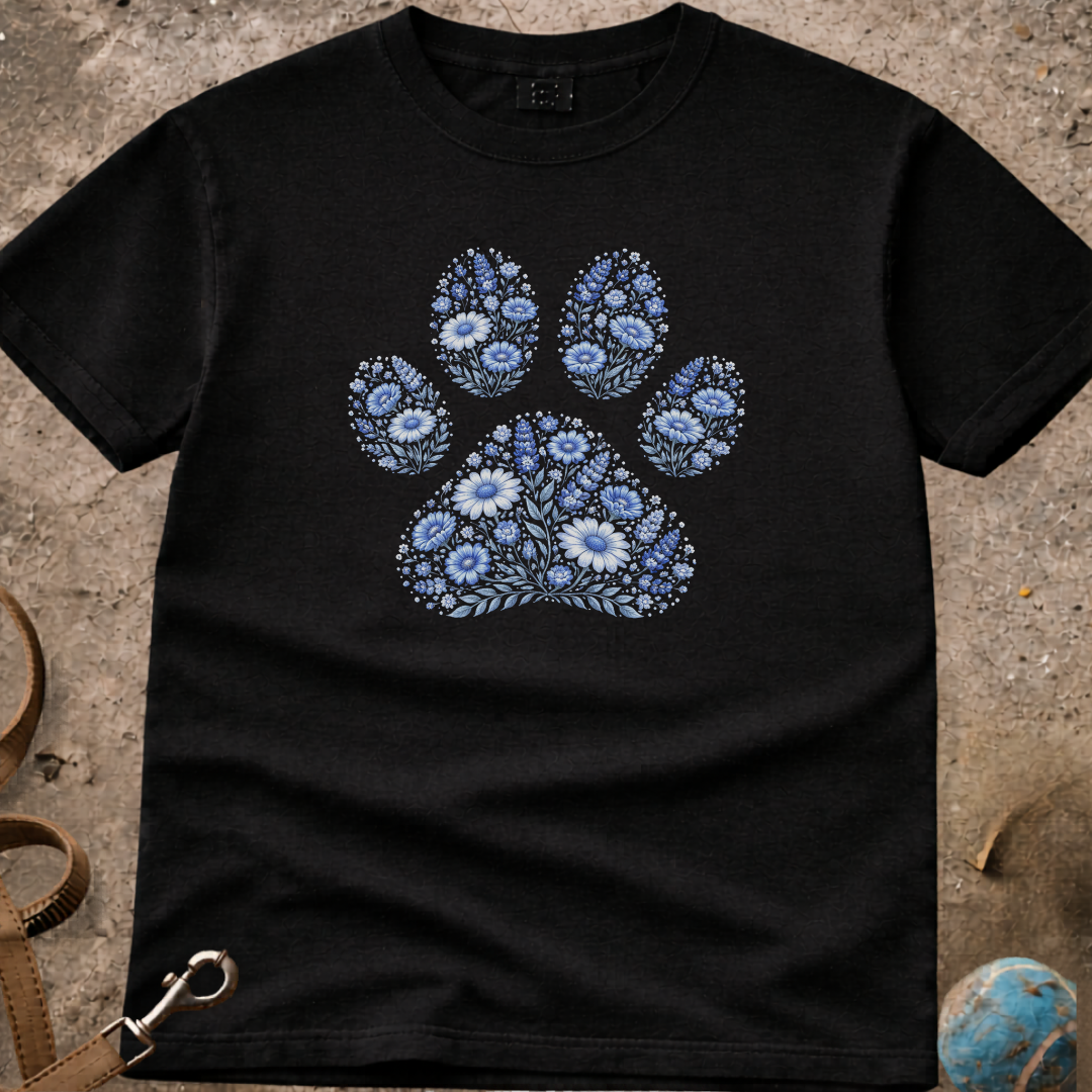Cottagecore Blue Floral Paw Print T-Shirt