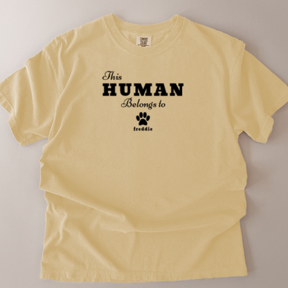 personalised this human belongs to (your dogs name) t-shirt