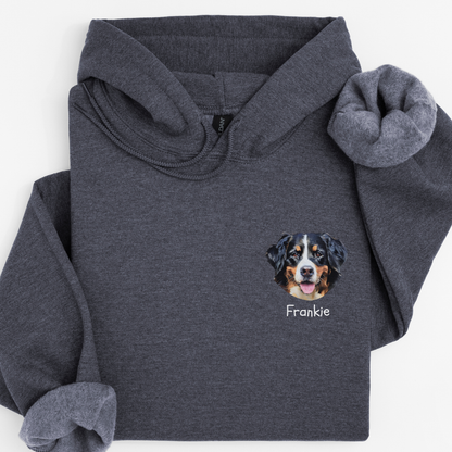 Personalised Watercolour Dog Face Hoodie – Custom Name Printed in Pocket
