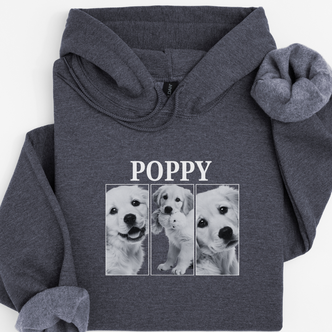 Personalised Vintage Dog Photo Hoodie – Custom Name (3 Photo Design)