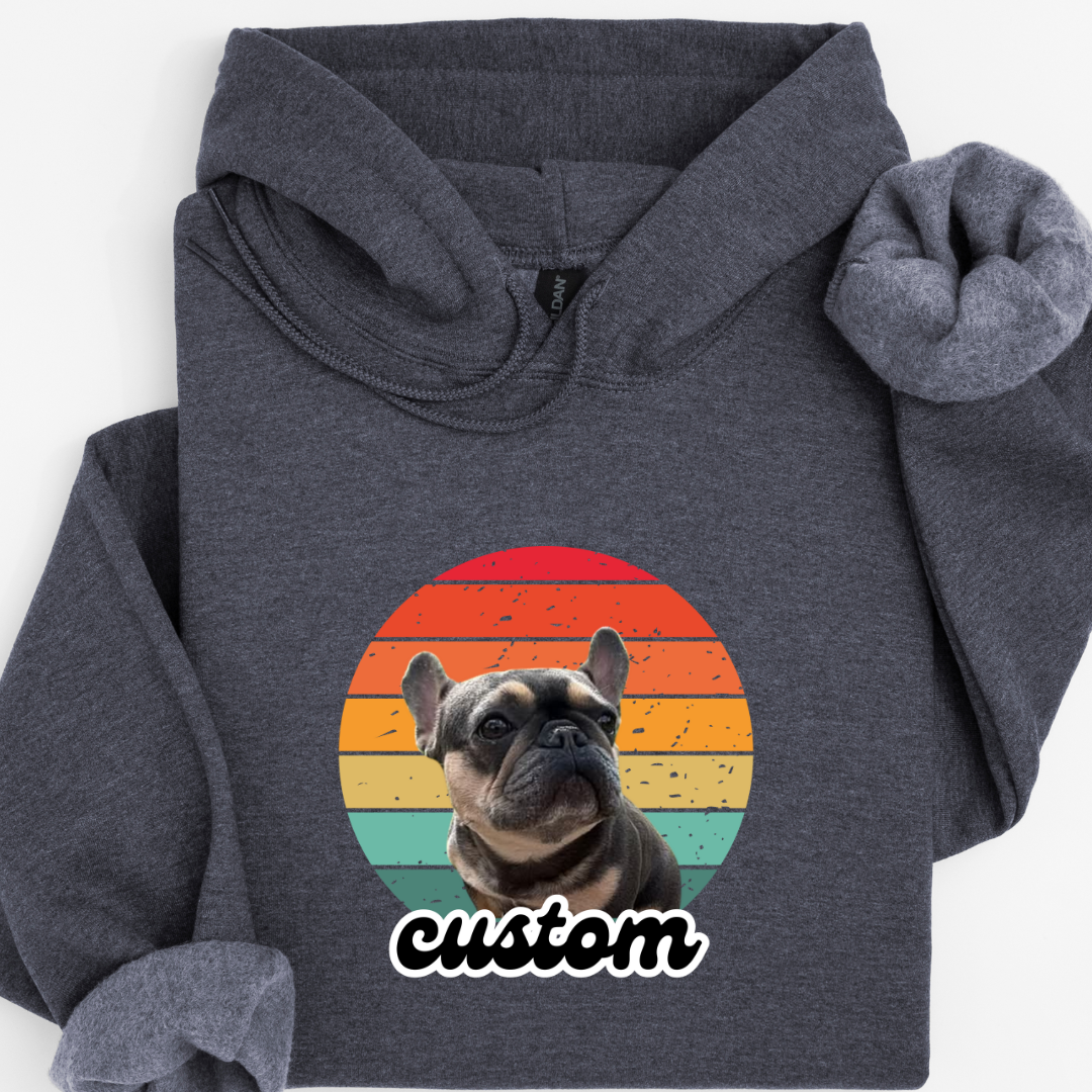Personalised Retro Sunset Dog Photo Hoodie – Custom Name & Photo