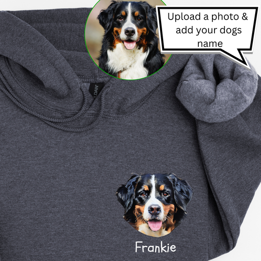 Personalised Watercolour Dog Face Hoodie – Custom Name Printed in Pocket