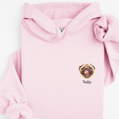 Personalised Watercolour Dog Face Hoodie – Custom Name Printed in Pocket
