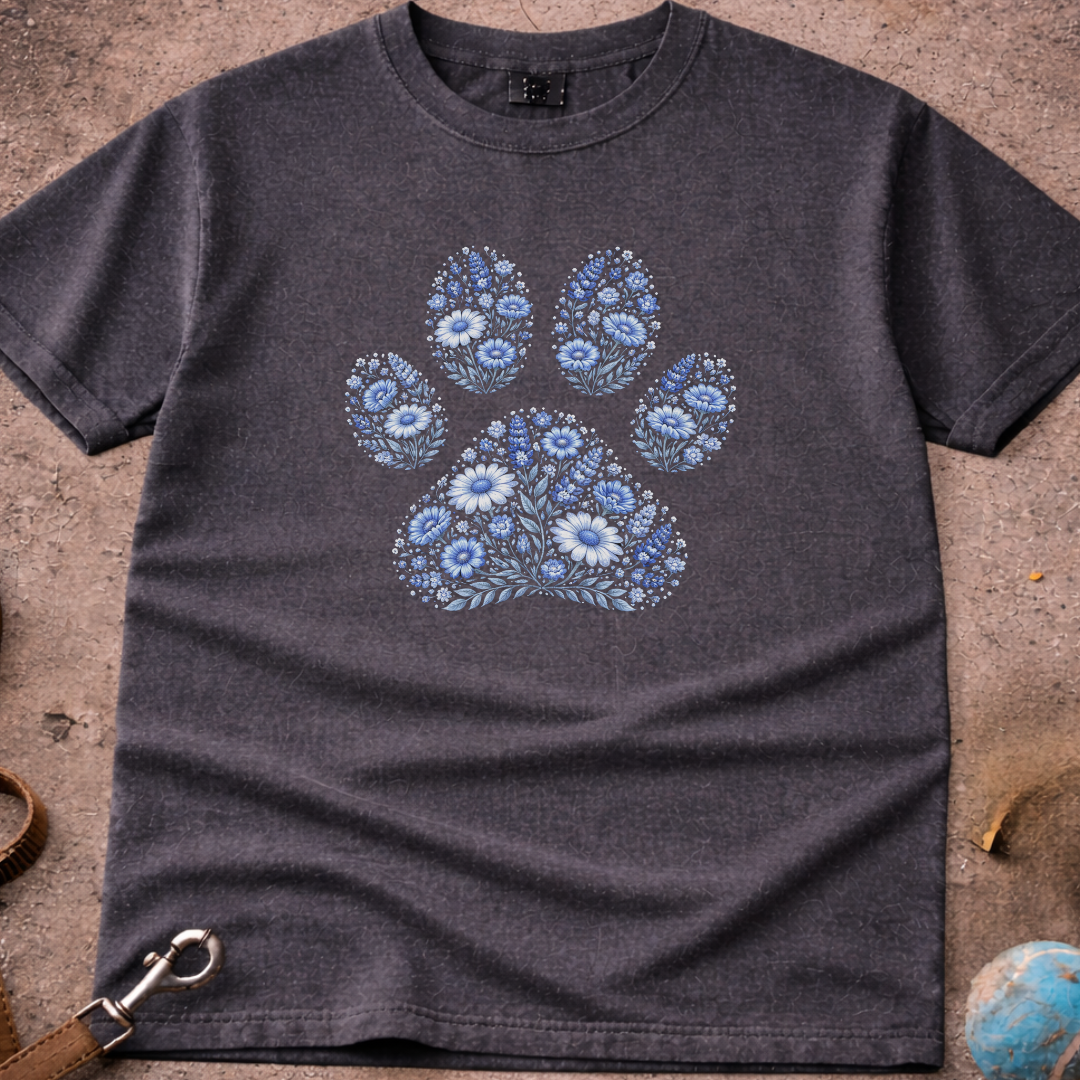 Cottagecore Blue Floral Paw Print T-Shirt