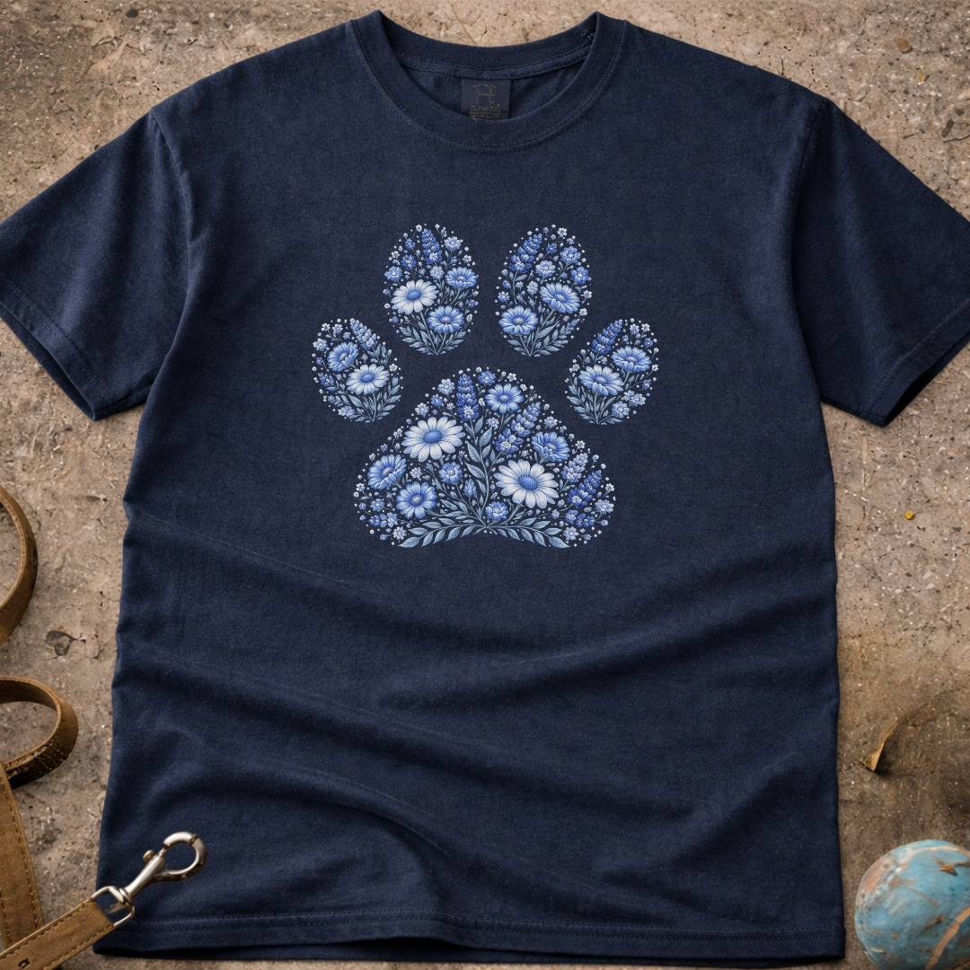 Cottagecore Blue Floral Paw Print T-Shirt