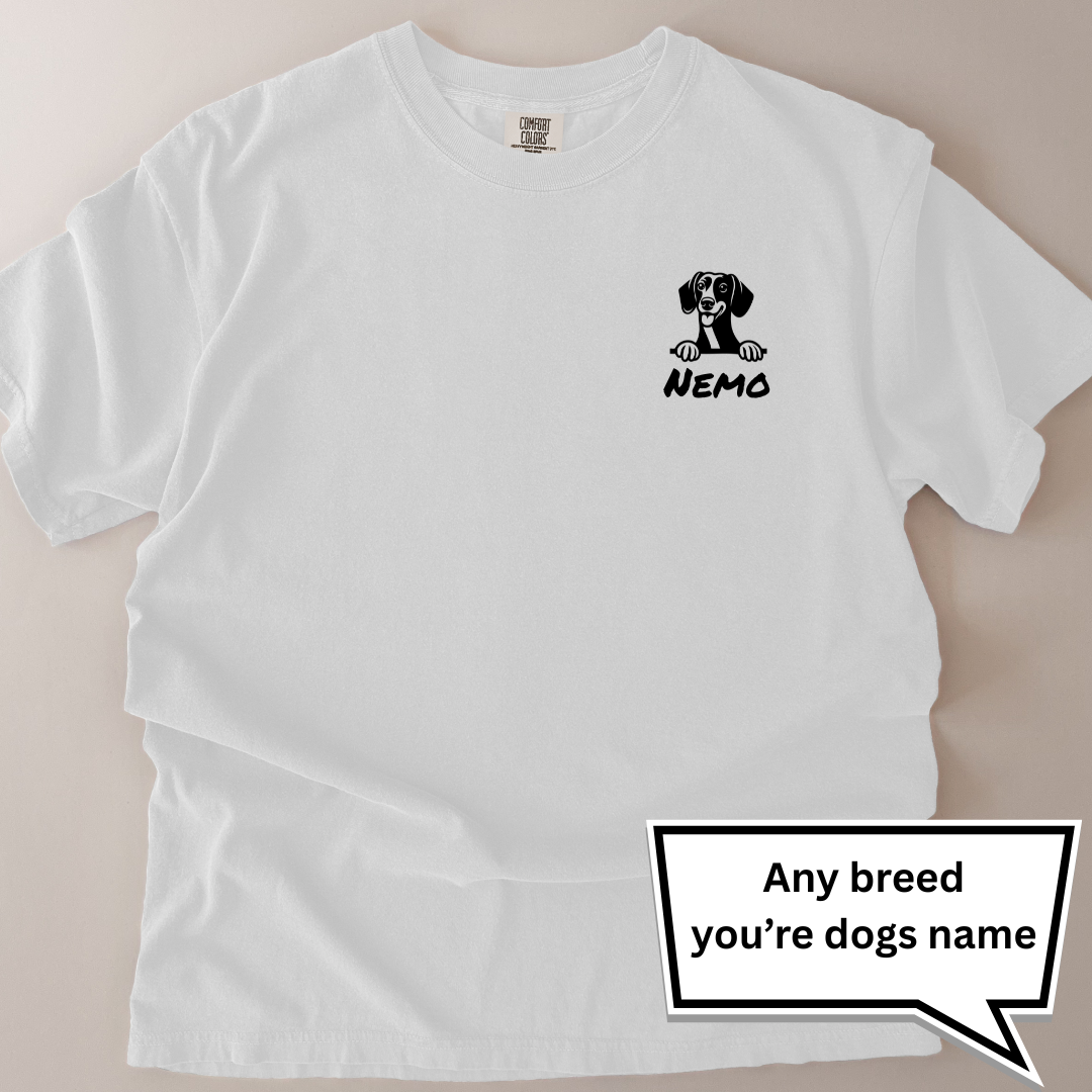 personalised peeping dog, any breed and you're dogs name t-shirt