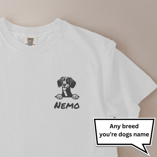 personalised peeping dog, any breed and you're dogs name t-shirt